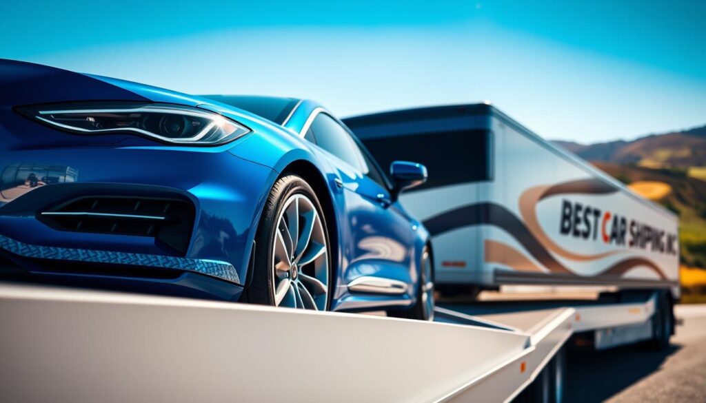 A pristine blue car, representing reliability and trust, parked on a sleek transport truck. The foreground showcases the car with a glossy finish reflecting sunlight, emphasizing its pristine condition. In the middle ground, the transport truck has a modern design, displaying the brand name "Best Car Shipping Inc" prominently on its side. The background features a serene Somerset, Kentucky landscape, including rolling hills and clear blue skies, enhancing the feeling of safety and tranquility. The lighting is bright and sunny, casting soft shadows that emphasize the vehicle's sleek lines. The angle captures a dynamic view, highlighting both the car and the transport truck in a professional context, evoking a sense of dependability and excellence in auto transport.