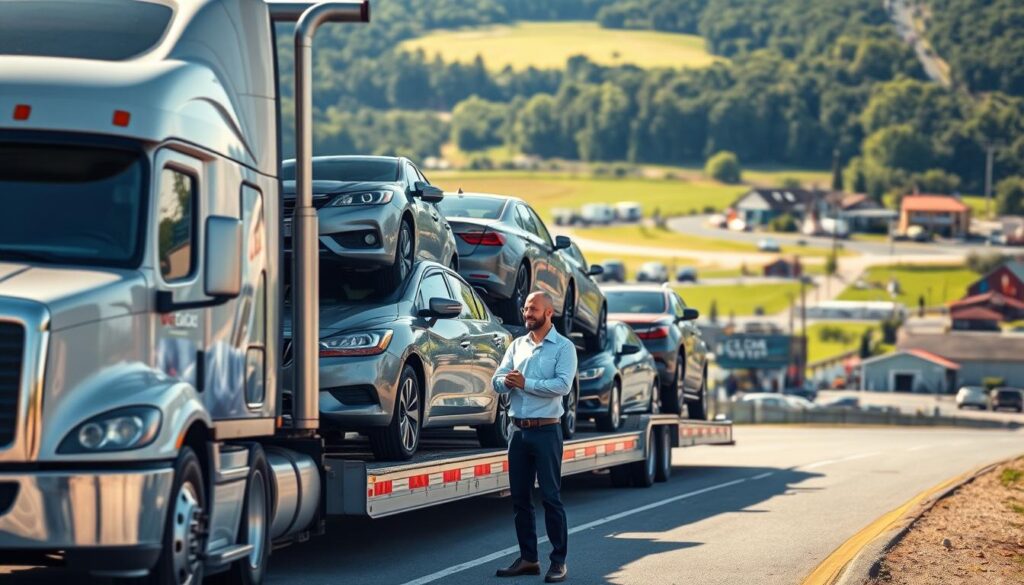 A professional and reliable car shipping scene showcasing "Best Car Shipping Inc." in Cynthiana, Kentucky. In the foreground, a modern car hauler truck loaded with vehicles reflects trust and expertise. The middle ground features a smiling, professionally dressed employee inspecting the vehicles, emphasizing customer service and care. In the background, a scenic view of Cynthiana's landscape, including small businesses and green fields, adds local context. The lighting is bright and inviting, resembling a sunny day, casting soft shadows and enhancing the vibrant colors of the vehicles. A shallow depth of field focuses on the car hauler while softly blurring the background, creating a warm and trustworthy atmosphere that highlights reliable car shipping services for both local and nationwide moves.