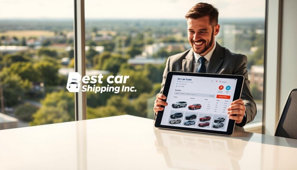 A professional and sleek auto transport quote scene set against the backdrop of Lockport, Louisiana. In the foreground, a clean and modern desk displays a digital tablet showcasing a vibrant auto transport quote interface, featuring sleek cars in a grid layout. The middle ground features a confident businessperson in professional attire, reviewing the quote on the tablet, with a satisfied smile. In the background, a view of Lockport’s scenic landscape, with lush greenery and subtle hints of the town’s architecture, conveys a sense of locality. The lighting is warm and inviting, suggesting a sunny afternoon, with soft shadows that enhance the professional atmosphere. The brand name "Best Car Shipping Inc." is incorporated seamlessly into the tablet screen design, reinforcing the focus on reliable auto transport services. A professional and sleek auto transport quote scene set against the backdrop of Lockport, Louisiana. In the foreground, a clean and modern desk displays a digital tablet showcasing a vibrant auto transport quote interface, featuring sleek cars in a grid layout. The middle ground features a confident businessperson in professional attire, reviewing the quote on the tablet, with a satisfied smile. In the background, a view of Lockport’s scenic landscape, with lush greenery and subtle hints of the town’s architecture, conveys a sense of locality. The lighting is warm and inviting, suggesting a sunny afternoon, with soft shadows that enhance the professional atmosphere. The brand name "Best Car Shipping Inc." is incorporated seamlessly into the tablet screen design, reinforcing the focus on reliable auto transport services.