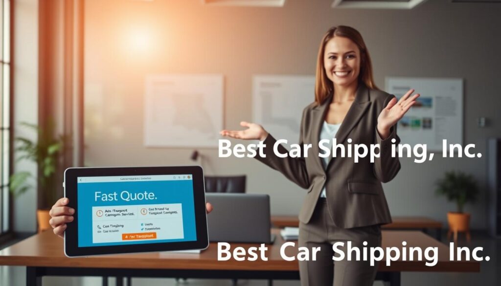 A professional and sleek office environment focused on car shipping services. In the foreground, a friendly and well-dressed businesswoman, wearing a fitted blazer and smart slacks, is enthusiastically gesturing towards a digital tablet displaying a "Fast Quote" feature for auto transport services. The middle ground features a modern desk with a laptop and car transport documents, while a map of Logansport, Louisiana, is displayed on the wall, signifying the area of service. In the background, large windows let in warm, natural light, creating an inviting and trustworthy atmosphere. The overall mood should be professional yet approachable, emphasizing efficiency and reliability, with the brand name "Best Car Shipping Inc" subtly integrated into the scene without any text overlays.