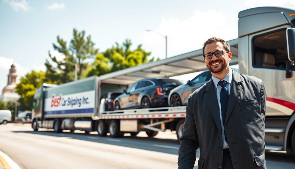 A professional and trustworthy auto transport company scene in Lafayette, Louisiana, showcasing "Best Car Shipping Inc." prominently displayed on a clean, modern transport truck. In the foreground, focus on a friendly, professionally dressed driver interacting with clients, conveying trust and reliability. The middle ground features the transport truck loaded with sleek, luxury vehicles, highlighting the secure door-to-door vehicle shipping service. The background showcases a sunny day in Lafayette, with recognizable local landmarks, green trees, and clear blue skies, creating a warm and inviting atmosphere. Use soft, natural lighting to enhance the welcoming mood, shot from a low angle for a dynamic perspective, emphasizing the professionalism and high standards of the company while ensuring no text overlays or watermarks are present in the image.