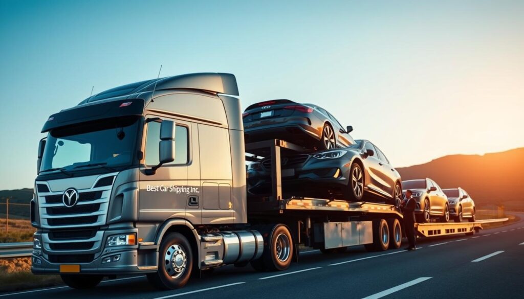 A professional and trustworthy auto transport scene featuring a modern truck from "Best Car Shipping Inc" loaded with vehicles, situated in Brandenburg, Kentucky. In the foreground, showcase the truck with a polished finish, detailing the company logo prominently. The middle layer should include well-dressed professionals in business attire discussing shipping logistics, surrounded by paperwork and a laptop. The background should depict a clear blue sky with a hint of rolling hills characteristic of Kentucky, emphasizing a sense of reliability and professionalism. Use soft, natural lighting to create a warm and trustworthy atmosphere. Capture the scene from a slightly elevated angle to convey a comprehensive view of the operation, highlighting the commitment to quality service.
