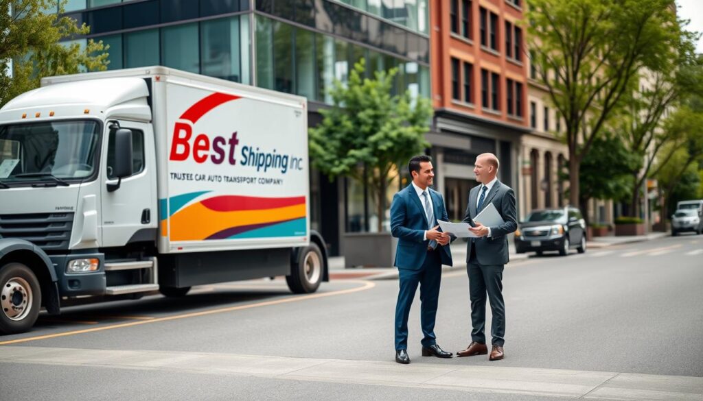 A professional and welcoming scene depicting a trusted auto transport company, "Best Car Shipping Inc". In the foreground, showcase a clean, modern delivery truck parked in front of a sleek office building. The truck should have vibrant branding with the company name clearly visible. In the middle ground, include a friendly employee in professional attire discussing logistics with a satisfied customer, both smiling and engaged. The background should feature an urban setting of Covington, Kentucky, with recognizable architecture and trees lining the street. Utilize natural daylight to create an inviting atmosphere, capturing the essence of professionalism and reliability. The angle should be slightly elevated, offering a comprehensive view of the scene while ensuring no text or watermarks are present in the image.