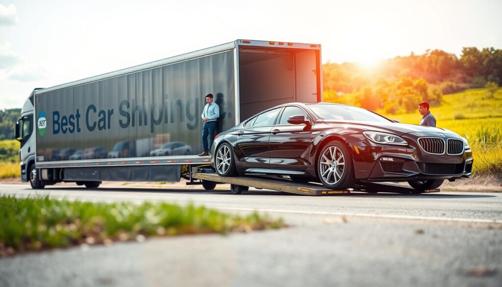 A professional auto shipping scene depicting a reliable car transport service in Abbeville, Louisiana. In the foreground, a shiny, well-maintained car is being loaded onto a sleek transport truck emblazoned with the brand name "Best Car Shipping Inc." The middle ground shows friendly, professionally dressed staff coordinating the loading process, conveying a sense of trust and efficiency. In the background, a scenic Abbeville landscape with lush greenery and clear skies provides a peaceful, reassuring ambiance. The lighting is warm and natural, suggesting a bright day, with a slight lens flare to enhance the atmosphere. The angle is slightly low, giving prominence to both the car and the transport truck, emphasizing their reliability and capability in auto shipping services.