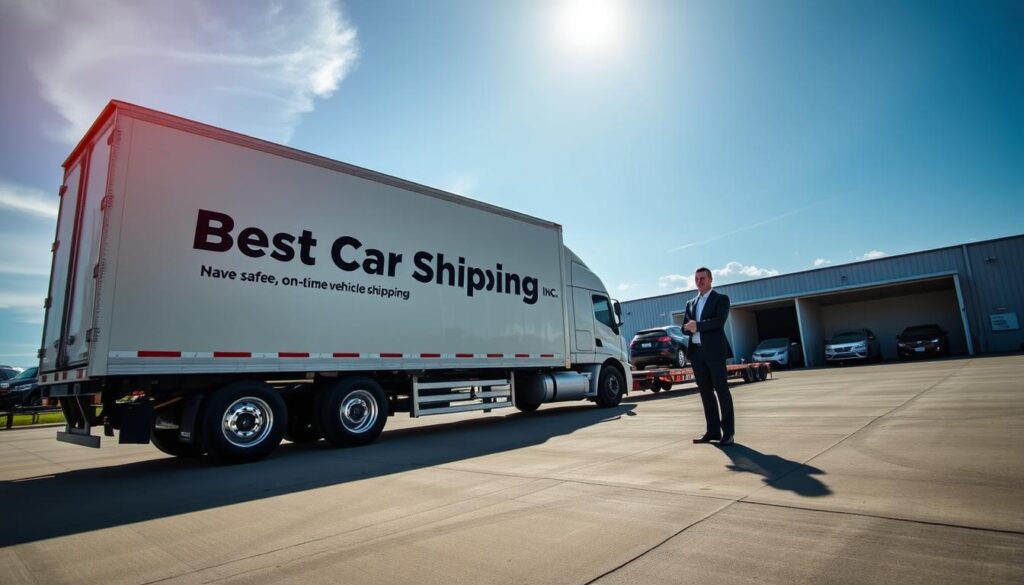 A professional auto transport company focused on safe, on-time vehicle shipping, featuring a modern, trustworthy truck emblazoned with the brand name "Best Car Shipping Inc." in bold lettering. In the foreground, the truck is parked outside a clean, well-lit transport yard with a few neatly lined vehicles ready for shipment. In the middle ground, a confident businessperson dressed in professional attire inspects the truck, showcasing a sense of reliability and expertise. The background features an expansive blue sky with a hint of sunlight filtering through, creating a warm, inviting atmosphere. Shot at a slight angle using a wide lens to capture the entire scene clearly, emphasizing a trustworthy and professional vibe in an outdoor setting.