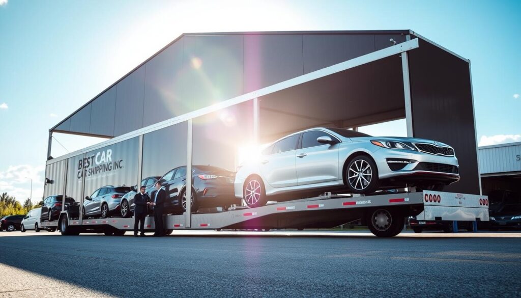 A professional auto transport company scene featuring "Best Car Shipping Inc". In the foreground, a sleek, modern car carrier truck loading vehicles, showcasing various cars, including sedans and SUVs. The truck is parked in front of a busy auto transport hub in Fulton, Kentucky, with workers in professional attire efficiently preparing cars for shipment. In the middle ground, bright sunlight illuminates the area, highlighting the company's logo on the truck. The background reveals a clear blue sky with a few fluffy clouds, and nearby, a garage with additional vehicles waiting for transport, emphasizing reliability and efficiency. The mood conveys trustworthiness and professionalism, capturing the essence of a trusted auto transport service. The angle is slightly elevated, providing a comprehensive view of the operation. A professional auto transport company scene featuring "Best Car Shipping Inc". In the foreground, a sleek, modern car carrier truck loading vehicles, showcasing various cars, including sedans and SUVs. The truck is parked in front of a busy auto transport hub in Fulton, Kentucky, with workers in professional attire efficiently preparing cars for shipment. In the middle ground, bright sunlight illuminates the area, highlighting the company's logo on the truck. The background reveals a clear blue sky with a few fluffy clouds, and nearby, a garage with additional vehicles waiting for transport, emphasizing reliability and efficiency. The mood conveys trustworthiness and professionalism, capturing the essence of a trusted auto transport service. The angle is slightly elevated, providing a comprehensive view of the operation.