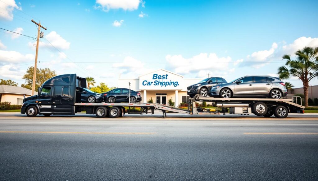 A professional auto transport company scene featuring "Best Car Shipping Inc." in Scott, Louisiana. In the foreground, a modern car carrier truck is parked, showcasing sleek, shiny vehicles loaded securely. The middle ground reveals a bright, welcoming office building with a large, well-lit logo of the company, surrounded by neatly arranged landscaping. In the background, the open street of Scott, LA, with clear blue skies and scattered clouds creates a calm atmosphere. The image is captured with a wide-angle lens, allowing for a detailed view of the truck and office, while emphasizing a sense of trust and reliability. The mood is positive and professional, invoking feelings of confidence in auto transport services. The lighting is bright and natural, enhancing colors and clarity without distractions.