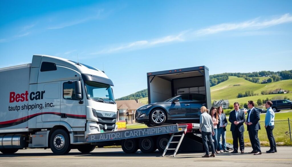 A professional auto transport company scene set in Hickman, Kentucky. In the foreground, a sleek transport truck with the brand name "Best Car Shipping Inc" prominently displayed on its side, carefully unloading a shiny sedan at a designated area. In the middle ground, a diverse group of well-dressed professionals in business attire, coordinating logistics and discussing details, conveying a sense of trust and reliability. The background features a clear blue sky over the rolling hills of Kentucky, giving a sense of the local environment, with green fields and a hint of classic homes. The lighting is bright and natural, creating a warm and inviting atmosphere. The angle captures the scene from a slight elevation, offering a comprehensive view of the operation without any text or distractions.