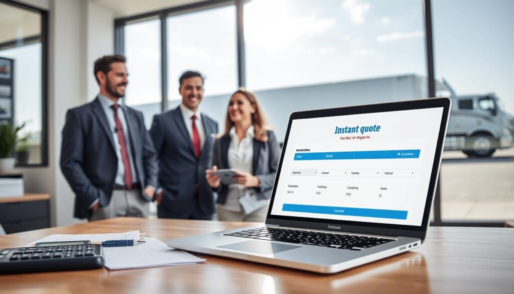 A professional auto transport office scene depicting the concept of "instant quote" for car shipping services. In the foreground, a sleek laptop displaying a user-friendly quotation interface for "Best Car Shipping Inc" with a calculator and shipping documents nearby. The middle ground showcases a friendly customer service representative in business attire, engaged in a conversation with a satisfied client. The background features a large window showing a sunny day in Ferriday, Louisiana, with an image of a transport truck parked outside, ready for vehicles. Soft, natural lighting filters through the window, creating an approachable and inviting atmosphere. The overall mood should convey professionalism, efficiency, and customer satisfaction. No text or logos visible apart from those on the laptop screen. A professional auto transport office scene depicting the concept of "instant quote" for car shipping services. In the foreground, a sleek laptop displaying a user-friendly quotation interface for "Best Car Shipping Inc" with a calculator and shipping documents nearby. The middle ground showcases a friendly customer service representative in business attire, engaged in a conversation with a satisfied client. The background features a large window showing a sunny day in Ferriday, Louisiana, with an image of a transport truck parked outside, ready for vehicles. Soft, natural lighting filters through the window, creating an approachable and inviting atmosphere. The overall mood should convey professionalism, efficiency, and customer satisfaction. No text or logos visible apart from those on the laptop screen.