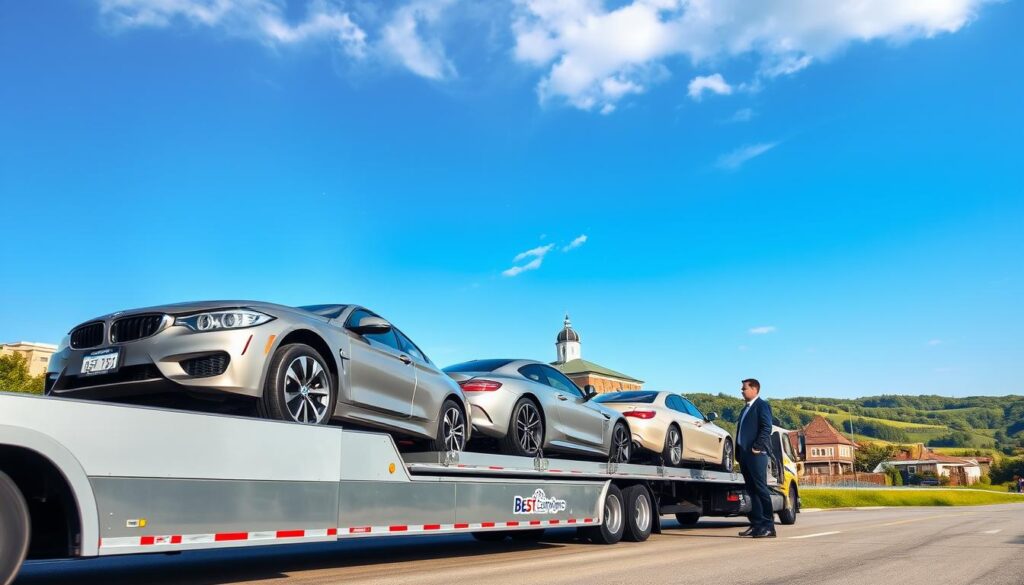 A professional auto transport scene capturing the essence of "Trusted Auto Transport Service" for London, KY drivers. In the foreground, a pristine, modern transport truck from "Best Car Shipping Inc" is parked, showcasing cars securely loaded and strapped down. The driver, dressed in a smart business attire, is inspecting the shipment, reflecting reliability and professionalism. The middle ground features an urban landscape of London, KY, with recognizable landmarks like the courthouse or typical local architecture, under a clear blue sky. In the background, lush greenery and rolling hills provide a serene yet professional atmosphere. Soft, natural lighting accentuates the details, while a slight angle from a low perspective adds dynamism to the composition, invoking a sense of trust and dependability in auto transport.