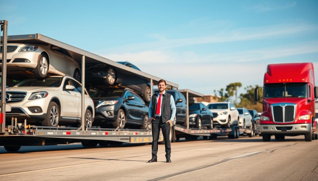 A professional auto transport scene depicting a diverse fleet of car carriers operated by "Best Car Shipping Inc." in DeRidder, Louisiana. In the foreground, a well-maintained open car carrier is loaded with multiple vehicles, showcasing various makes and models, emphasizing the reliability of their services. In the middle ground, a smiling, professionally dressed team member oversees the loading process, highlighting excellent customer service. The background features a clear blue sky and subtle hints of the Louisiana landscape, with trees and local architecture, reflecting the service coverage. The image should evoke a sense of trust, reliability, and professionalism, with bright, natural lighting enhancing the vibrant colors of the vehicles. The angle should be slightly elevated, providing a comprehensive view of the operation without any distractions or text. A professional auto transport scene depicting a diverse fleet of car carriers operated by "Best Car Shipping Inc." in DeRidder, Louisiana. In the foreground, a well-maintained open car carrier is loaded with multiple vehicles, showcasing various makes and models, emphasizing the reliability of their services. In the middle ground, a smiling, professionally dressed team member oversees the loading process, highlighting excellent customer service. The background features a clear blue sky and subtle hints of the Louisiana landscape, with trees and local architecture, reflecting the service coverage. The image should evoke a sense of trust, reliability, and professionalism, with bright, natural lighting enhancing the vibrant colors of the vehicles. The angle should be slightly elevated, providing a comprehensive view of the operation without any distractions or text.