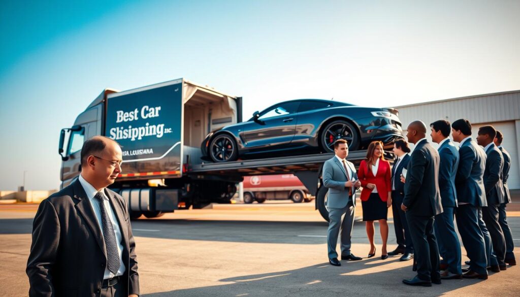 A professional auto transport scene depicting a large, branded truck with "Best Car Shipping Inc" clearly visible on its side, parked in a safe and well-lit environment. In the foreground, a well-dressed logistics manager is inspecting a sleek car loaded onto the truck, demonstrating trust and expertise. The middle ground features a diverse team of professionals in business attire discussing the details of the car shipping process, showcasing teamwork and reliability. In the background, a clear blue sky complements the scene, reflecting a sunny day in Bogalusa, Louisiana. The composition should be dynamic, with warm lighting to create a welcoming atmosphere. Use a slightly elevated angle to capture the entire scene while emphasizing the professionalism of the auto transport service.