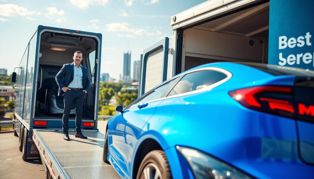 A professional auto transport scene depicting a reliable delivery service. In the foreground, a well-maintained bright blue car is being carefully loaded onto an open car carrier truck, showcasing the precision of our services. In the middle ground, a friendly, professional driver in casual business attire is supervising the loading process, exuding confidence and trust. The background features a bustling cityscape of Tallulah, Louisiana, with clear blue skies and lush greenery, symbolizing a vibrant community. The scene is illuminated by warm sunlight, creating an inviting and optimistic atmosphere. A subtle logo for "Best Car Shipping Inc" is visible on the side of the truck, emphasizing reliability. The angle captures the action at a slight elevation, providing a comprehensive view of the unfolding process.