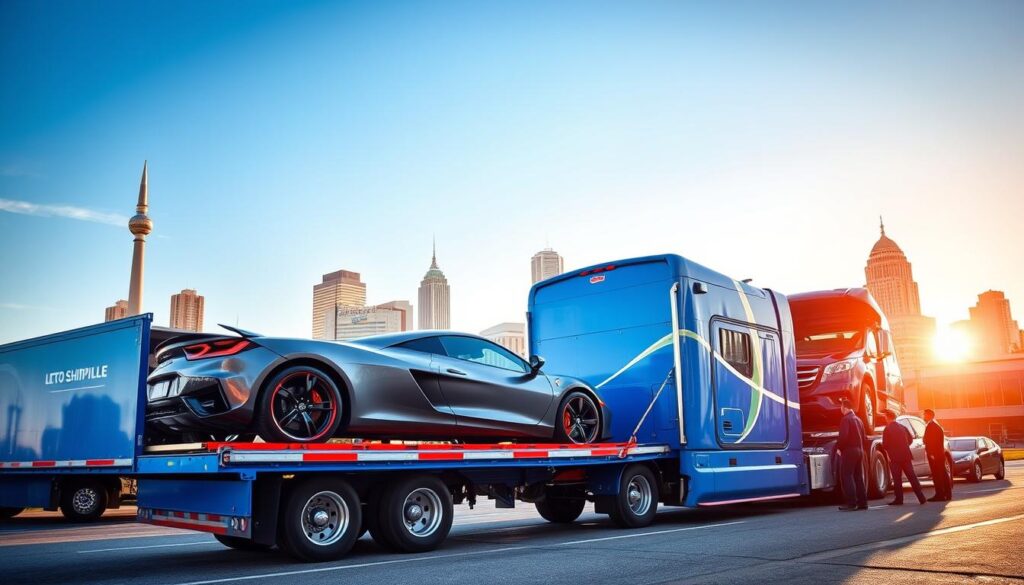 A professional auto transport scene featuring a reliable car shipping company, "Best Car Shipping Inc." In the foreground, a vivid blue trailer truck loaded with diverse vehicles, including a sleek sports car and an SUV, showcasing their ability to transport any type of automobile. In the middle ground, a busy loading dock in Louisville, Kentucky, with workers in professional attire carefully securing vehicles for transit. The background features iconic Louisville landmarks under a clear blue sky, bathed in warm, natural sunlight. The image is captured from a slightly elevated angle, emphasizing the organized chaos of a bustling auto transport operation. The atmosphere is one of trust and reliability, highlighting the efficiency and professionalism of the car shipping process.