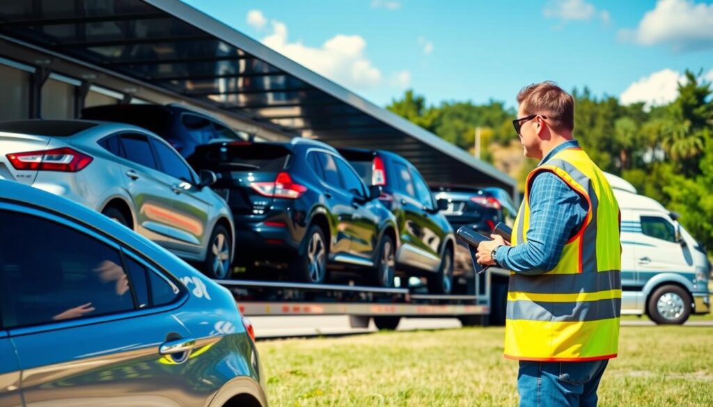 A professional auto transport scene featuring a shiny fleet of cars, SUVs, and trucks being loaded onto an open car carrier. In the foreground, a skilled driver in a bright safety vest inspects the vehicles, showcasing attention to detail. The middle ground displays a modern and shiny transport truck, with the brand name "Best Car Shipping Inc" prominently visible on the side. In the background, the picturesque landscape of Paradis, Louisiana, with lush greenery and a clear blue sky enhances the image, evoking a sense of trust and reliability. The lighting is bright and natural, highlighting the vibrant colors of the vehicles, while the angle captures a slightly elevated view, giving depth to the scene and conveying a professional atmosphere. The overall mood reflects efficiency and confidence in auto transport service.