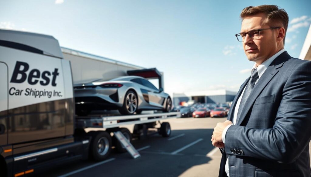 A professional auto transport scene featuring a sleek, modern car carrier truck with the branding "Best Car Shipping Inc" prominently displayed. In the foreground, a business-savvy dealership manager, dressed in a crisp suit, is inspecting the vehicle being loaded onto the carrier. In the middle ground, several luxury cars are securely positioned on the transport truck, showcasing their pristine condition. The background features a dealership lot with an array of cars and a clear blue sky, suggesting a sunny, efficient working environment. The angle captures the action of the loading process, with soft natural lighting illuminating the scene, creating a professional and trustworthy atmosphere, emphasizing reliability and affordability in auto transport services.