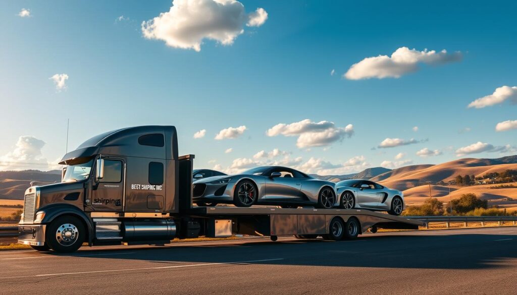 A professional auto transport scene featuring a sleek truck from "Best Car Shipping Inc" carrying luxury vehicles on an open trailer. In the foreground, highlight the truck with its polished exterior gleaming under the warm afternoon sun. In the middle, show a couple of high-end cars, such as a sports car and a classic sedan, securely loaded on the trailer, emphasizing safety and care in transport. In the background, illustrate the picturesque skyline of Bellevue, Kentucky, with rolling hills and rustic charm, under a bright blue sky dotted with fluffy clouds. Use soft lighting to create a welcoming atmosphere and a slightly low angle to accentuate the truck's impressive stature. The scene should convey reliability, professionalism, and a commitment to quality service in auto transport.