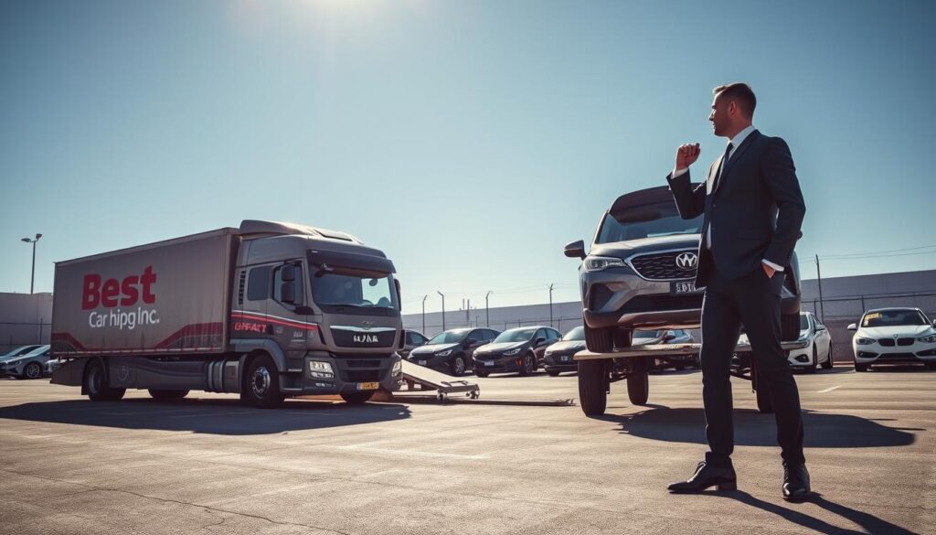 A professional auto transport scene highlighting "Best Car Shipping Inc." with a focus on a Copart auto pickup. In the foreground, a sleek and modern car hauler truck is parked, showcasing the company’s branding. The middle ground features a representative in a smart, professional outfit inspecting the vehicle, embodying a sense of diligence and reliability. In the background, the Copart auction lot is visible, with a variety of cars in pristine condition under a clear blue sky. The lighting is bright and natural, enhancing the vehicles’ colors, with a slight lens flare to create a dynamic atmosphere. The overall mood conveys professionalism, trustworthiness, and excitement about auto shipping solutions.