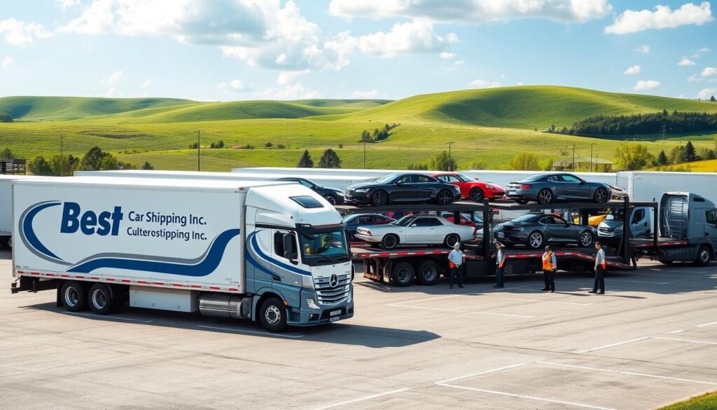 A professional auto transport scene in Beaver Dam, Kentucky, featuring a fleet of car shipping trucks parked in a well-organized logistics yard. In the foreground, a sleek truck branded with “Best Car Shipping Inc” is loaded with classic cars ready for transport. In the middle ground, workers in professional attire are inspecting vehicles and coordinating shipments, symbolizing teamwork and reliability. The background showcases the picturesque Kentucky landscape with rolling green hills under a bright blue sky, creating a serene atmosphere. Soft natural lighting enhances the realistic details of the vehicles and workers. The image captures the essence of reliable car shipping and auto transport services in a friendly yet professional setting.