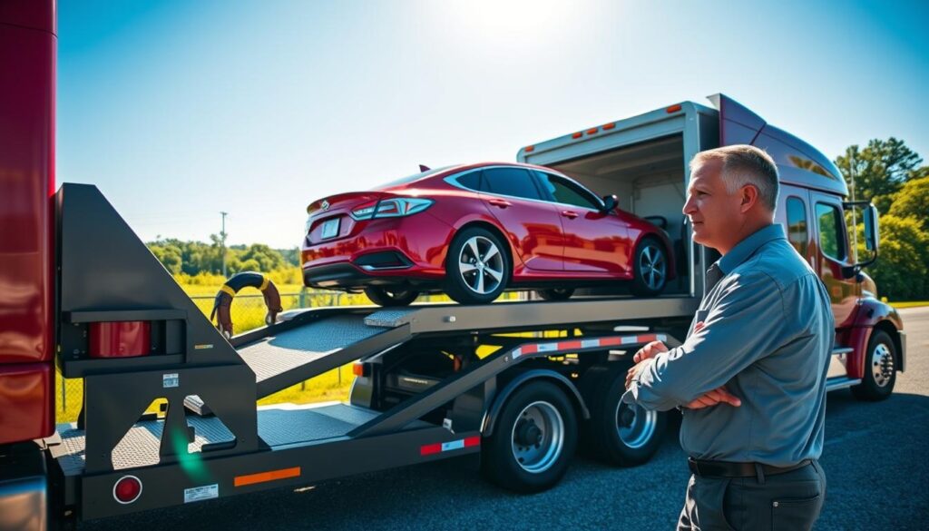 A professional auto transport scene in Des Allemands, Louisiana, showcasing a shiny red car being loaded onto a sleek transport truck branded with "Best Car Shipping Inc". In the foreground, a skilled driver in smart casual attire oversees the loading process, exuding confidence and professionalism. The middle ground features the reliable transport truck, complete with ramps and safety straps, while the background displays a picturesque Louisiana landscape with lush greenery and a clear blue sky. The sun is shining brightly, creating vibrant, warm lighting that enhances the scene's welcoming atmosphere. The angle captures both the truck and the driver, emphasizing the meticulous care taken in car shipping, conveying trust and reliability. A professional auto transport scene in Des Allemands, Louisiana, showcasing a shiny red car being loaded onto a sleek transport truck branded with "Best Car Shipping Inc". In the foreground, a skilled driver in smart casual attire oversees the loading process, exuding confidence and professionalism. The middle ground features the reliable transport truck, complete with ramps and safety straps, while the background displays a picturesque Louisiana landscape with lush greenery and a clear blue sky. The sun is shining brightly, creating vibrant, warm lighting that enhances the scene's welcoming atmosphere. The angle captures both the truck and the driver, emphasizing the meticulous care taken in car shipping, conveying trust and reliability.