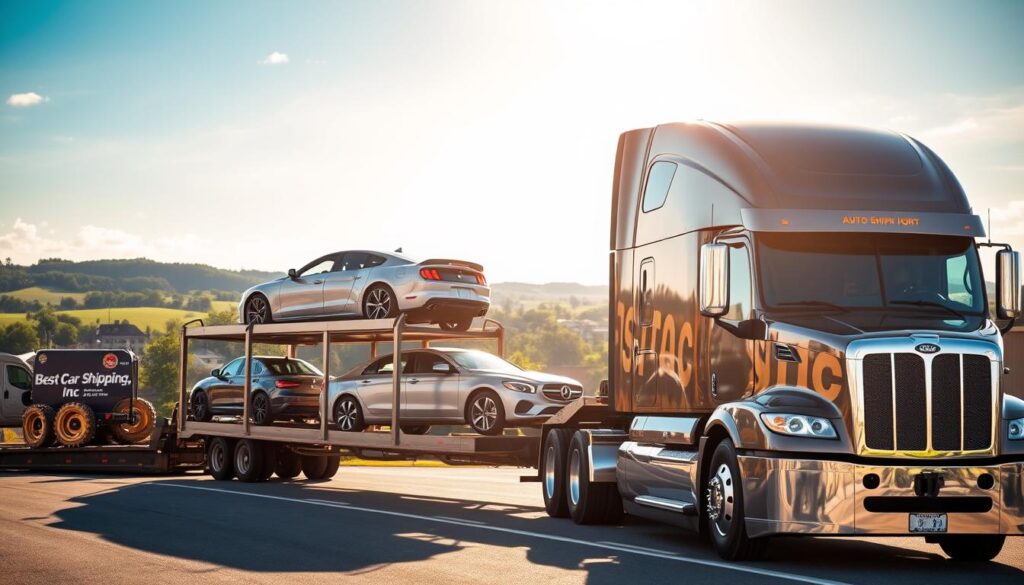 A professional auto transport scene in Irvington, Kentucky, featuring a large, well-maintained car carrier truck prominently in the foreground. The truck is adorned with the brand name "Best Car Shipping Inc", showcasing its reliability. In the middle ground, several cars are securely loaded on the carrier, including sedans and SUVs, symbolizing diverse transport options. The background features a picturesque view of Irvington's quaint streets and green landscapes under a clear blue sky, creating a warm, inviting atmosphere. The scene is bathed in natural sunlight, casting soft shadows and highlighting the truck's detailed features. The overall mood conveys trust, professionalism, and efficiency in auto transport services.