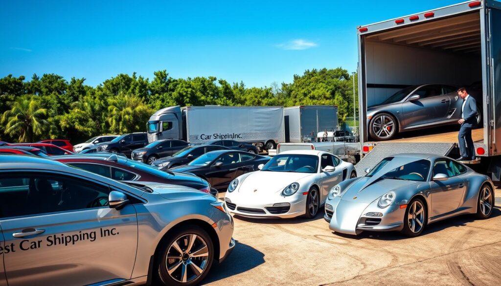 A professional auto transport scene in Raceland, Louisiana, showcasing a fleet of diverse vehicles prepared for shipping. In the foreground, a sleek, shiny truck with "Best Car Shipping Inc" branding is parked alongside sedans, SUVs, and vintage cars, all in pristine condition. The middle ground features a transport trailer being loaded with a stylish sports car, with a technician in smart business attire carefully securing the vehicles. The background highlights a clear blue sky and lush greenery typical of Louisiana, enhancing the transport atmosphere. Soft, natural lighting casts gentle shadows, creating a warm, inviting mood that conveys reliability and professionalism in auto transport services. A professional auto transport scene in Raceland, Louisiana, showcasing a fleet of diverse vehicles prepared for shipping. In the foreground, a sleek, shiny truck with "Best Car Shipping Inc" branding is parked alongside sedans, SUVs, and vintage cars, all in pristine condition. The middle ground features a transport trailer being loaded with a stylish sports car, with a technician in smart business attire carefully securing the vehicles. The background highlights a clear blue sky and lush greenery typical of Louisiana, enhancing the transport atmosphere. Soft, natural lighting casts gentle shadows, creating a warm, inviting mood that conveys reliability and professionalism in auto transport services.