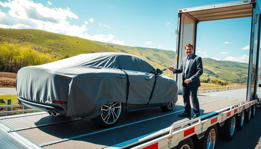 A professional auto transport scene in Russellville, Kentucky, featuring a sleek, modern car loaded onto a well-maintained car shipping trailer. In the foreground, highlight the vehicle secured with protective straps, showcasing a high-quality cover that shields it from the elements. The middle ground includes a friendly, professionally dressed representative from "Best Car Shipping Inc," carefully inspecting the car's condition. In the background, capture the scenic beauty of Russellville, with rolling green hills and a clear blue sky. Use bright, natural lighting to create a positive and trustworthy atmosphere. The camera angle should be slightly elevated, capturing the entire scene in a dynamic way that emphasizes safety and professionalism in vehicle shipping.
