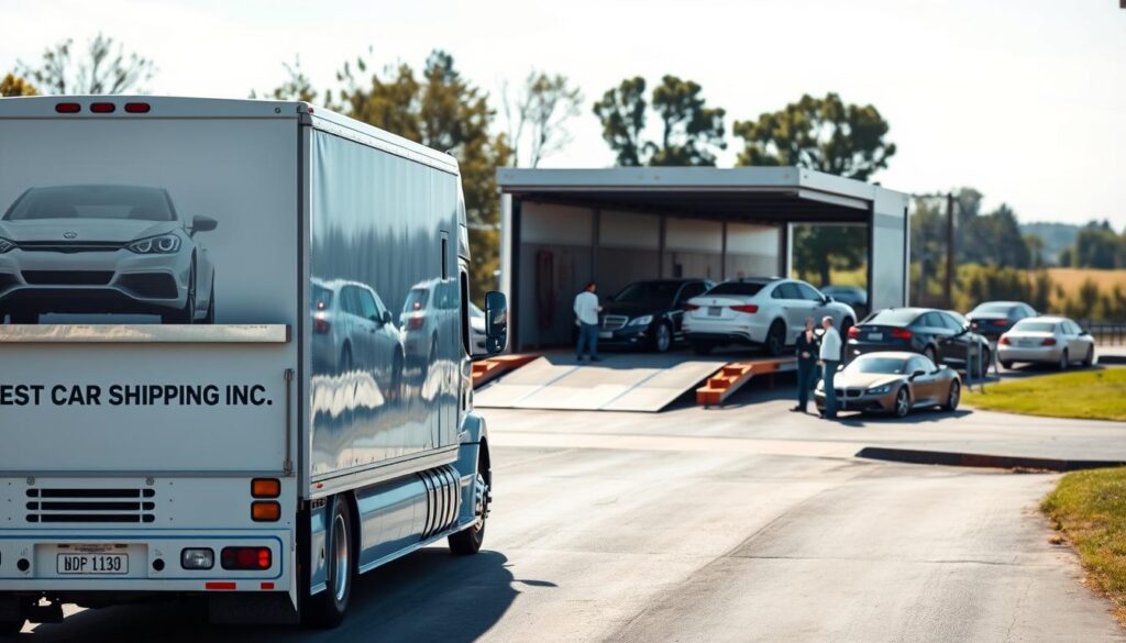 A professional auto transport scene set in Alexandria, Kentucky. In the foreground, a pristine white transport truck labeled "Best Car Shipping Inc" waits, showcasing sleek cars loaded securely on the back. The middle ground features a bustling loading dock surrounded by well-maintained vehicles, with workers in professional attire carefully inspecting and handling the cars. The background highlights the iconic landscape of Alexandria, KY, including trees and a clear blue sky. The lighting is bright and inviting, with a focus on clarity and detail. Capture the mood of trust and reliability in auto transport, emphasizing efficiency and safety in car shipping. A professional auto transport scene set in Alexandria, Kentucky. In the foreground, a pristine white transport truck labeled "Best Car Shipping Inc" waits, showcasing sleek cars loaded securely on the back. The middle ground features a bustling loading dock surrounded by well-maintained vehicles, with workers in professional attire carefully inspecting and handling the cars. The background highlights the iconic landscape of Alexandria, KY, including trees and a clear blue sky. The lighting is bright and inviting, with a focus on clarity and detail. Capture the mood of trust and reliability in auto transport, emphasizing efficiency and safety in car shipping.