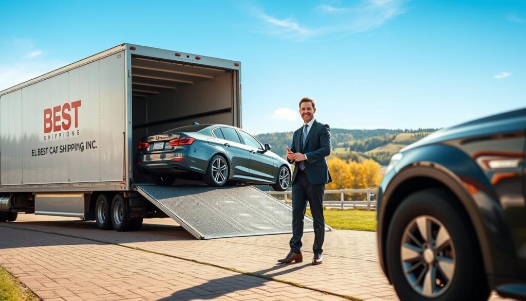 A professional auto transport scene set in Calhoun, Kentucky, showcasing the trusted services of "Best Car Shipping Inc." In the foreground, a clean and well-maintained truck with the company logo is delicately unloading a shiny car onto a neatly paved driveway. In the middle ground, a friendly, well-dressed employee in business attire is assisting a satisfied customer, both smiling and engaged in a discussion about the transport service. The background features a picturesque view of Calhoun with rolling hills and trees, under a clear blue sky, conveying a sense of trust and reliability. Soft, natural lighting illuminates the scene, creating a warm, inviting atmosphere. The angle captures both the professionalism of the service and the satisfaction of the customers. A professional auto transport scene set in Calhoun, Kentucky, showcasing the trusted services of "Best Car Shipping Inc." In the foreground, a clean and well-maintained truck with the company logo is delicately unloading a shiny car onto a neatly paved driveway. In the middle ground, a friendly, well-dressed employee in business attire is assisting a satisfied customer, both smiling and engaged in a discussion about the transport service. The background features a picturesque view of Calhoun with rolling hills and trees, under a clear blue sky, conveying a sense of trust and reliability. Soft, natural lighting illuminates the scene, creating a warm, inviting atmosphere. The angle captures both the professionalism of the service and the satisfaction of the customers.