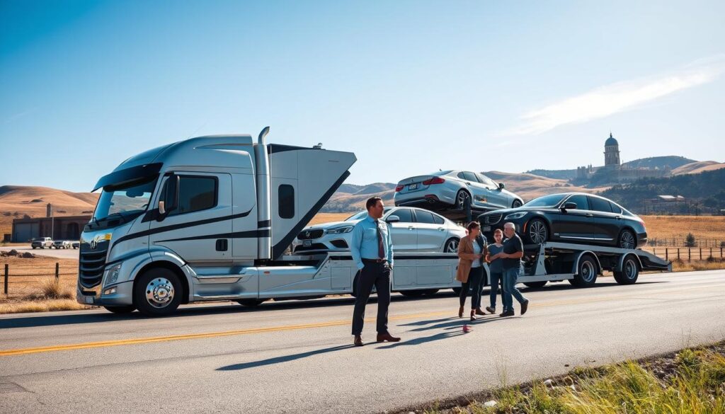 A professional auto transport scene set in Fort Knox, Kentucky, featuring a sleek, modern car carrier parked on a well-maintained road. In the foreground, a representative of Best Car Shipping Inc, dressed in smart casual attire, is discussing logistics with a family beside their vehicle. The middle ground showcases the transport truck with cars securely loaded, emphasizing the reliability and care in the auto transport process. The background reveals the iconic Fort Knox landscape, with rolling hills and military architecture under a clear blue sky, creating a sense of trust and safety. The lighting is bright and uplifting, capturing a warm, inviting atmosphere essential for families and drivers during their PCS moves. The composition should be captured from a slightly elevated angle, ensuring clarity and focus on the scene's elements. A professional auto transport scene set in Fort Knox, Kentucky, featuring a sleek, modern car carrier parked on a well-maintained road. In the foreground, a representative of Best Car Shipping Inc, dressed in smart casual attire, is discussing logistics with a family beside their vehicle. The middle ground showcases the transport truck with cars securely loaded, emphasizing the reliability and care in the auto transport process. The background reveals the iconic Fort Knox landscape, with rolling hills and military architecture under a clear blue sky, creating a sense of trust and safety. The lighting is bright and uplifting, capturing a warm, inviting atmosphere essential for families and drivers during their PCS moves. The composition should be captured from a slightly elevated angle, ensuring clarity and focus on the scene's elements.