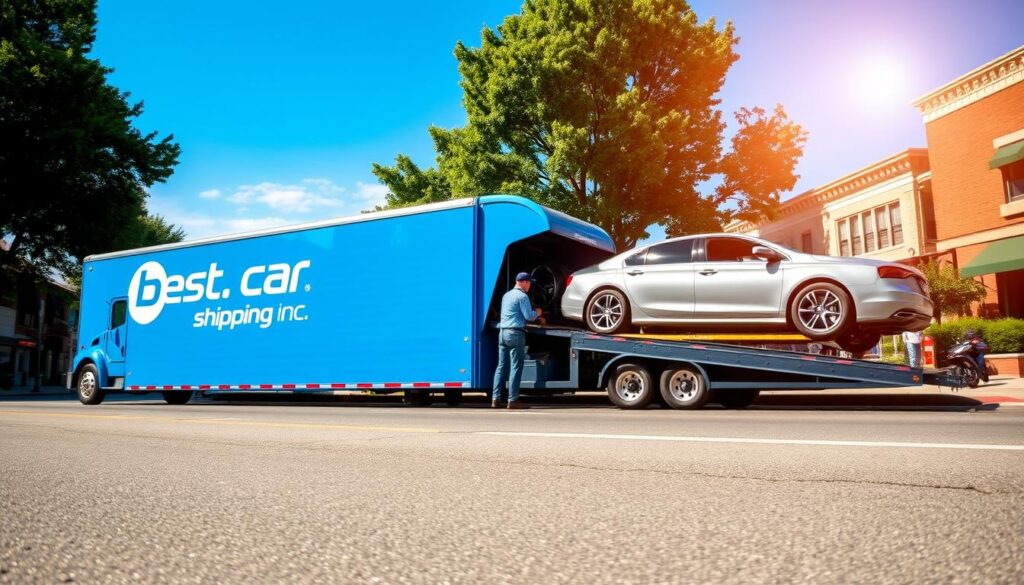 A professional auto transport scene showcasing "Best Car Shipping Inc" in Cynthiana, Kentucky. In the foreground, a bright blue transport truck, featuring the company logo, is parked with a sleek silver sedan being carefully loaded onto the trailer by a worker in a blue uniform. The middle ground includes a busy, tree-lined street typical of Cynthiana with charming brick buildings and greenery. The background highlights a clear blue sky with soft, warm sunlight illuminating the scene, creating a friendly and trustworthy atmosphere. The image is shot from a low angle, emphasizing the truck and showcasing the detailed textures of the vehicle and surroundings, conveying reliability and professionalism in car shipping services.