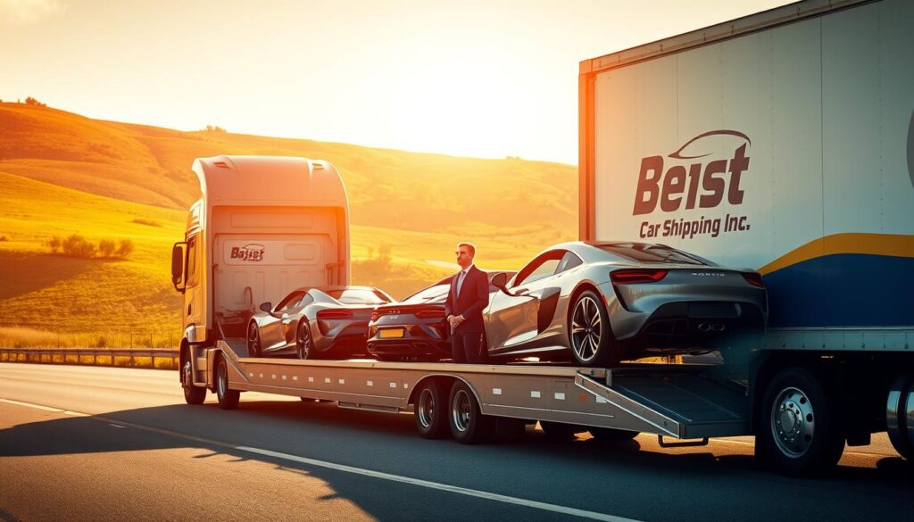 A professional auto transport scene showcasing a Best Car Shipping Inc truck delivering vehicles in a serene, sunlit environment of Earlington, Kentucky. In the foreground, the truck is positioned prominently with a bright logo, showcasing a couple of luxury cars being loaded. The middle of the image features a business professional in smart attire overseeing the operation, ensuring quality and reliability. In the background, rolling hills and greenery typical of Hopkins County create a picturesque setting. The scene is bathed in warm, natural light, accentuating the colors of the vehicles and the truck. Capture a sense of security and professionalism, reflecting trust in auto transport services. Use a wide-angle lens to emphasize the logistics and the surrounding beauty of the region. A professional auto transport scene showcasing a Best Car Shipping Inc truck delivering vehicles in a serene, sunlit environment of Earlington, Kentucky. In the foreground, the truck is positioned prominently with a bright logo, showcasing a couple of luxury cars being loaded. The middle of the image features a business professional in smart attire overseeing the operation, ensuring quality and reliability. In the background, rolling hills and greenery typical of Hopkins County create a picturesque setting. The scene is bathed in warm, natural light, accentuating the colors of the vehicles and the truck. Capture a sense of security and professionalism, reflecting trust in auto transport services. Use a wide-angle lens to emphasize the logistics and the surrounding beauty of the region.