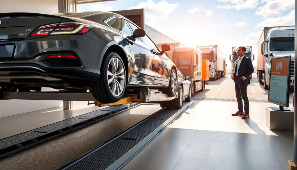 A professional auto transport scene showcasing a reliable car shipping company, "Best Car Shipping Inc." In the foreground, a clean, sleek car on a lift being prepared for transport, illustrated with attention to detail such as shiny paint and polished rims. In the middle ground, a well-organized office space with a friendly, professional employee in business attire discussing shipping options with a customer, both looking at a computer screen displaying distance rates. The background shows a vibrant auto transport scene with trucks loading various vehicles, set against a sunny sky to convey a positive, efficient atmosphere. Use natural lighting to emphasize clarity and professionalism, shot from a slightly elevated angle for depth.