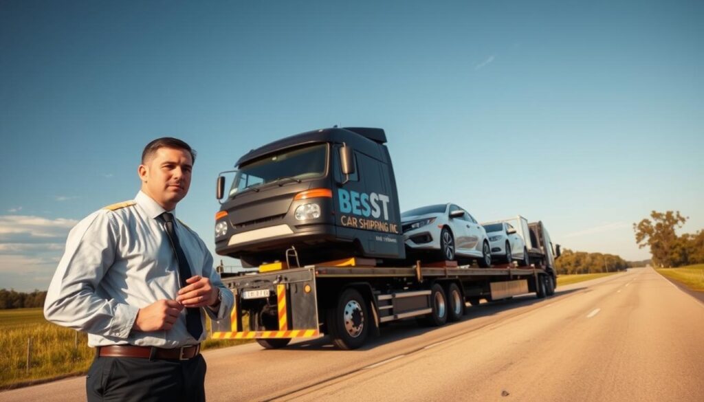 A professional auto transport scene showcasing a reliable car shipping service, featuring a sleek truck transporting carefully secured vehicles. In the foreground, a driver in professional business attire confidently inspects the load. The middle ground displays the well-maintained truck branded with "Best Car Shipping Inc," with bright colors appealing to trust and reliability. The background captures a sunlit rural road in Central, Louisiana, lined with trees and expansive blue skies to evoke a sense of freedom and dependability. Soft, warm lighting enhances the atmosphere, emphasizing clarity and transparency. The angle should be slightly elevated, providing a comprehensive view of the transport scene, embodying professionalism and commitment to service.