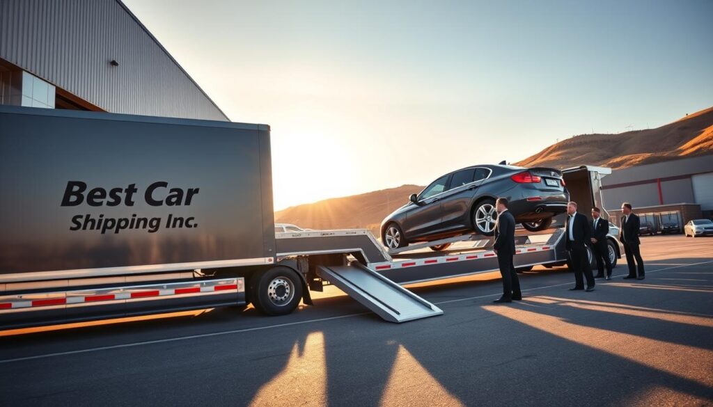 A professional auto transport scene showcasing a sleek car carrier truck, emblazoned with "Best Car Shipping Inc" on the side, parked beside a modern warehouse in Owenton, Kentucky. In the foreground, the truck is carrying a shiny vehicle, with ramps extended partially open, illustrating the concept of "open enclosed" transport. In the middle ground, auto transport staff in smart business attire inspect the loading process, ensuring safety and efficiency. The background features a bright, clear sky, with the warehouse structures and iconic Kentucky landscape, such as rolling hills or trees, bathed in warm sunlight. The atmosphere is professional and reliable, emphasizing the importance of auto transport services in the region. Use a wide-angle lens to capture the entire scene with a slight depth-of-field effect to create focus on the truck and the loading process.