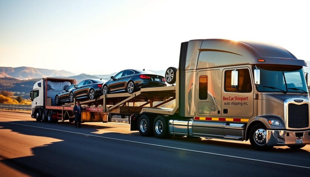 A professional auto transport service in Burkesville, Kentucky, featuring a modern car carrier truck prominently in the foreground, transporting multiple vehicles, including a sleek sedan and an SUV. The truck is emblazoned with the logo "Best Car Shipping Inc". In the middle ground, a well-organized loading dock with workers in professional business attire overseeing the loading process, ensuring safety and precision. The background showcases a scenic view of Burkesville’s rolling hills under a bright, clear sky, conveying a sense of reliability and trust. The lighting is warm and inviting, highlighting the efficiency of the operation while maintaining a bright and optimistic atmosphere. The angle is slightly elevated, giving a comprehensive view of the transport service in action, emphasizing professionalism and safe delivery. A professional auto transport service in Burkesville, Kentucky, featuring a modern car carrier truck prominently in the foreground, transporting multiple vehicles, including a sleek sedan and an SUV. The truck is emblazoned with the logo "Best Car Shipping Inc". In the middle ground, a well-organized loading dock with workers in professional business attire overseeing the loading process, ensuring safety and precision. The background showcases a scenic view of Burkesville’s rolling hills under a bright, clear sky, conveying a sense of reliability and trust. The lighting is warm and inviting, highlighting the efficiency of the operation while maintaining a bright and optimistic atmosphere. The angle is slightly elevated, giving a comprehensive view of the transport service in action, emphasizing professionalism and safe delivery.