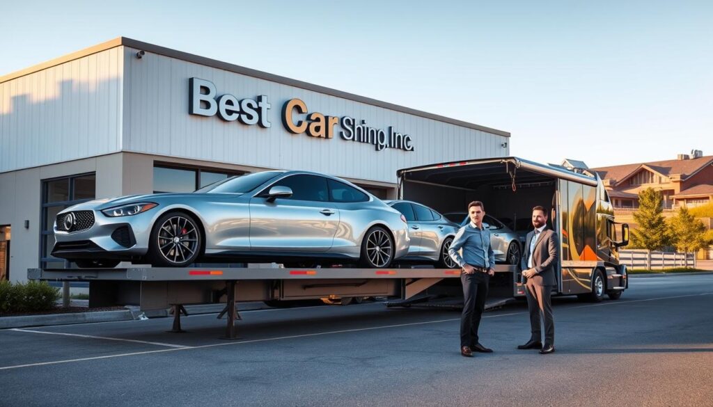A professional auto transport service scene depicting a sleek, modern car carrier truck parked in front of a well-maintained facility with the logo "Best Car Shipping Inc" prominently displayed. In the foreground, include a few high-end cars carefully loaded onto the truck, showcasing secure and efficient transportation methods. The middle ground shows a friendly, professionally dressed representative discussing logistics with a satisfied customer near the truck. In the background, hints of Danville's landscape, such as rolling hills and trees, reflect the local charm. The scene is bathed in warm, natural lighting, creating a trustworthy and inviting atmosphere. Capture this moment from a slightly elevated angle to provide a comprehensive view of the operation while ensuring a sense of professionalism and reliability in the auto transport service.