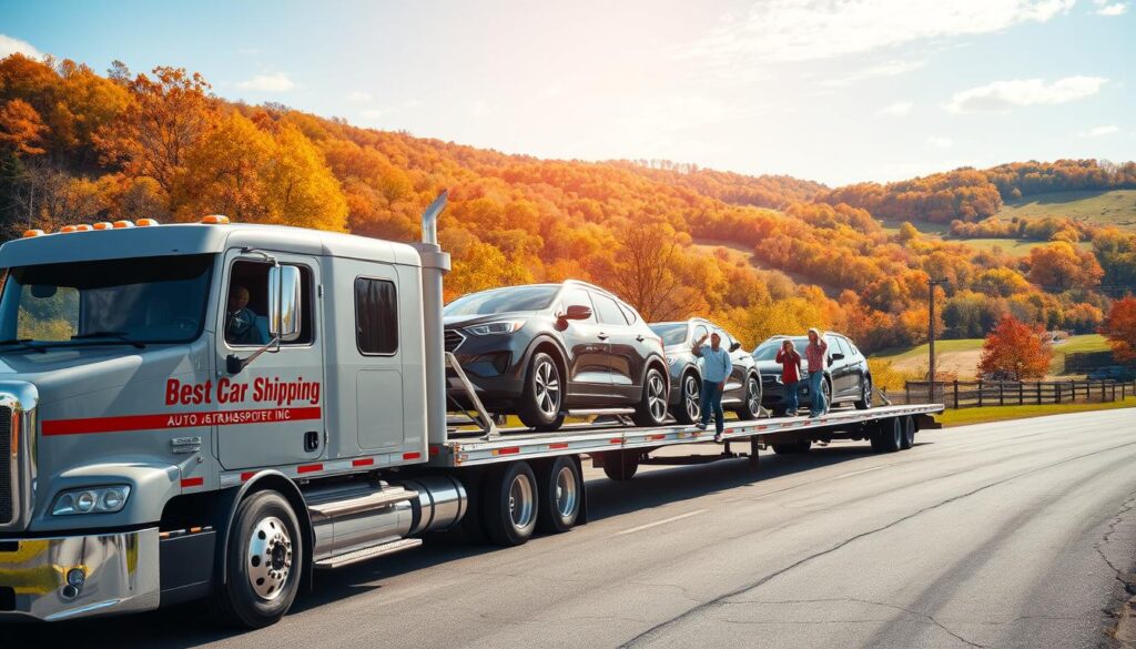 A professional auto transport service scene in Brandenburg, Kentucky. In the foreground, a sleek, modern auto transport truck from "Best Car Shipping Inc" is parked, featuring cars securely loaded on its flatbed. The middle ground showcases a family waving goodbye as their car is transported, dressed in casual yet tidy clothing. The background features a picturesque Kentucky landscape with rolling hills and vibrant trees under a bright blue sky, capturing the essence of a peaceful small-town atmosphere. The lighting is warm and inviting, suggesting a sunny afternoon. The image should convey reliability and trust, emphasizing the importance of dependable car shipping services. Use a wide-angle lens for a dynamic perspective.