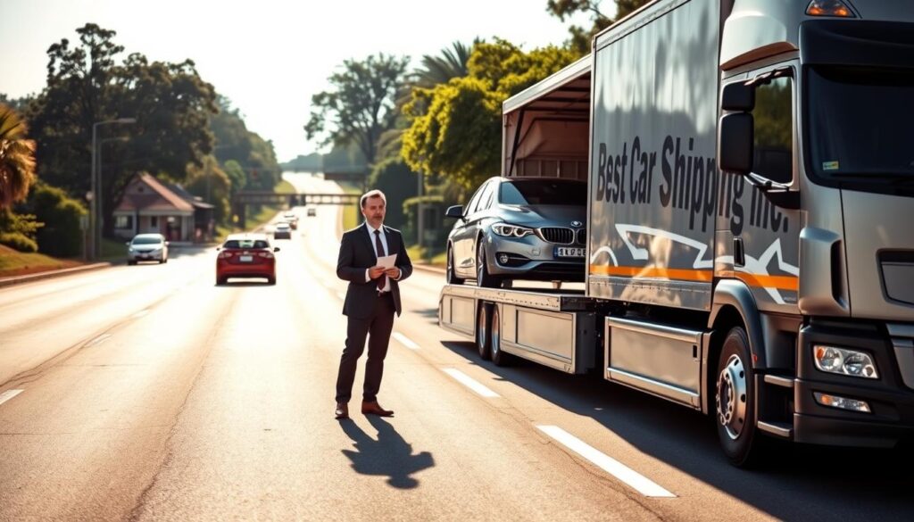 A professional auto transport service scene set in Duson, Louisiana. In the foreground, a sleek, modern transport truck labeled "Best Car Shipping Inc" showcasing a pristine vehicle on its trailer. In the middle ground, a representative in professional business attire, holding a clipboard, converses with a customer beside the truck, exuding trust and professionalism. The background features a busy roadway with lush greenery and hints of Louisiana architecture, under a bright, sunny sky that creates a warm and inviting atmosphere. Soft sunlight casts gentle shadows, adding depth to the scene. Capture this image from a slightly elevated angle to emphasize both the transport truck and the human interaction, conveying reliability and commitment to safe, on-time vehicle delivery.