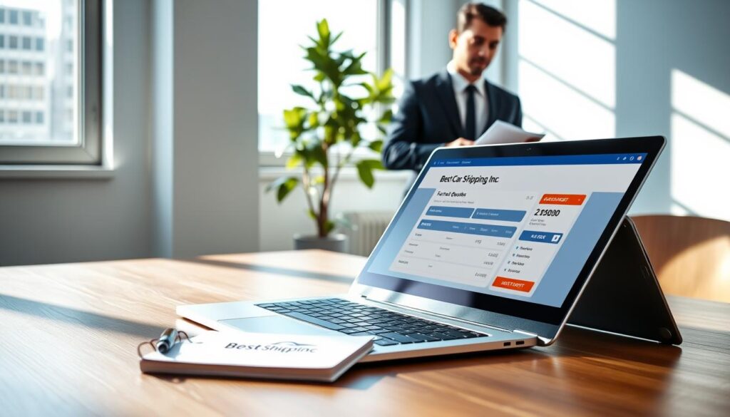 A professional, bright office setting illustrating the concept of fast quotes for auto transport services. In the foreground, a sleek laptop is open on a wooden desk, displaying an engaging auto transport quote interface. Beside the laptop, a notepad with the brand name "Best Car Shipping Inc" is prominently visible. In the middle ground, a business professional in smart attire reviews the quote, exuding confidence and professionalism. The background features a window with natural light streaming in, illuminating the scene and enhancing the energetic mood. Soft shadows are cast on the desk, creating depth, while a potted plant adds a touch of liveliness to the environment. The overall atmosphere is efficient and focused, embodying the quick and reliable nature of the service offered.