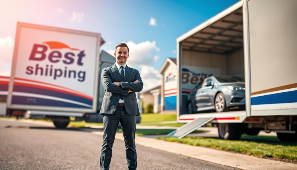A professional businessperson wearing smart casual attire stands confidently in front of a modern delivery truck marked with the logo of "Best Car Shipping Inc" in a suburban neighborhood. In the foreground, the truck’s door is open, showcasing a neatly secured car ready for transport. In the middle ground, a residential house is visible, with a well-maintained lawn, suggesting a welcoming environment. The background features a clear blue sky and a few fluffy clouds, conveying a bright and sunny day. The lighting is warm and inviting, highlighting the details of the truck and the car. The mood is positive and informative, illustrating the concept of "door-to-door" vehicle shipping in the United States, emphasizing convenience and professionalism.
