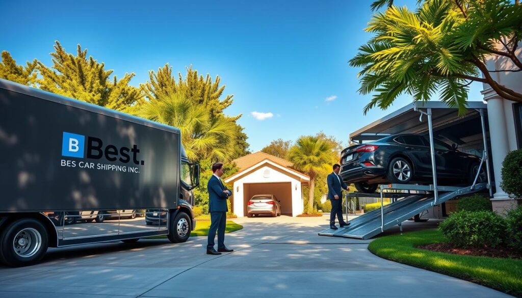 A professional car shipping scene depicting a door-to-door vehicle shipping operation in a suburban area of Galliano, Louisiana. In the foreground, a sleek, modern car carrier truck, prominently displaying the logo "Best Car Shipping Inc," is parked beside a well-maintained home with a welcoming driveway. There are two individuals in smart business attire discussing logistics, with a sense of collaboration in their demeanor. In the middle ground, the driveway features a pristine vehicle being carefully loaded onto the carrier. The background showcases lush greenery typical of Louisiana, with a clear blue sky and warm sunlight illuminating the scene, creating a vibrant and inviting atmosphere. The image should be captured from a slightly elevated angle, emphasizing the professionalism and efficiency of the car shipping process. A professional car shipping scene depicting a door-to-door vehicle shipping operation in a suburban area of Galliano, Louisiana. In the foreground, a sleek, modern car carrier truck, prominently displaying the logo "Best Car Shipping Inc," is parked beside a well-maintained home with a welcoming driveway. There are two individuals in smart business attire discussing logistics, with a sense of collaboration in their demeanor. In the middle ground, the driveway features a pristine vehicle being carefully loaded onto the carrier. The background showcases lush greenery typical of Louisiana, with a clear blue sky and warm sunlight illuminating the scene, creating a vibrant and inviting atmosphere. The image should be captured from a slightly elevated angle, emphasizing the professionalism and efficiency of the car shipping process.