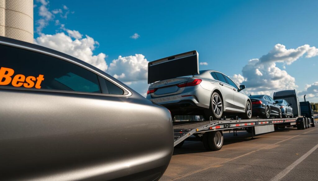 A professional car shipping scene in Brodhead, Kentucky. In the foreground, a sleek, modern car is being loaded onto a specialized car transport truck, showcasing the brand "Best Car Shipping Inc" prominently on the side. In the middle ground, additional vehicles are visible on the transport ramp, meticulously arranged to emphasize a safe and organized shipping process. The background features a bright blue sky with fluffy white clouds, enhancing the serene atmosphere of a clear day. The scene is illuminated by natural sunlight, creating soft shadows and highlighting the glossy finish of the cars. Capture this scene from a slightly elevated angle to convey the thoroughness of the shipping operation, evoking feelings of professionalism and care in auto transport.