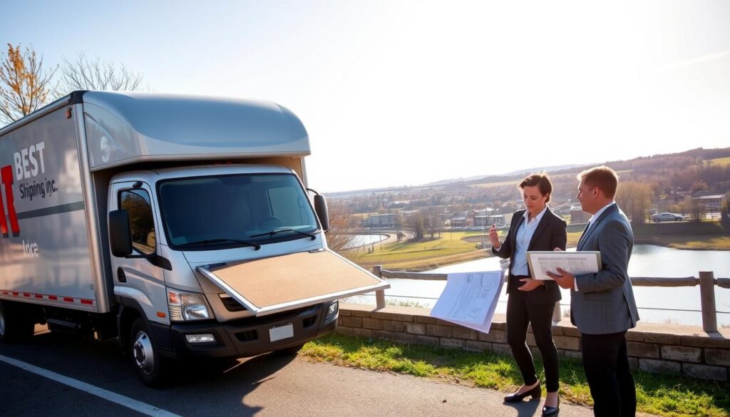 A professional car shipping scene in Hawesville, Kentucky. In the foreground, a modern delivery truck with the brand "Best Car Shipping Inc" parked in front, showcasing an open car transport trailer loaded with vehicles, emphasizing reliable auto transport. In the middle ground, a diverse team of two professionals, a man and a woman, dressed in business attire, discussing logistics beside the truck with blueprints and a tablet in hand. The background features a sunny day with trees and a clear sky, showcasing the town of Hawesville and a scenic river. The lighting is bright and natural, creating a warm and inviting atmosphere, captured from a slightly elevated angle for a dynamic perspective.