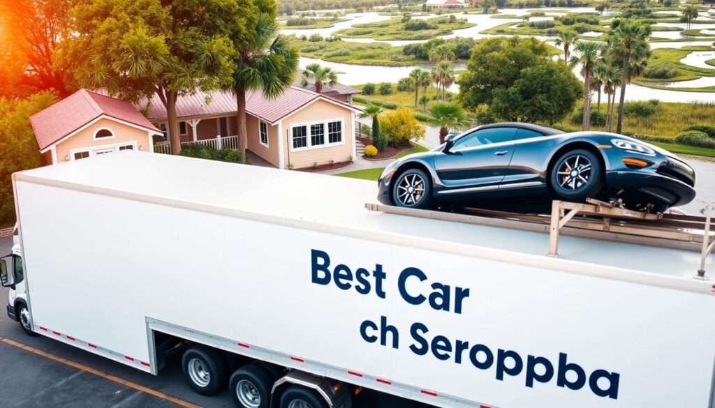 A professional car shipping scene in Luling, Louisiana, featuring a transport truck loaded with shiny vehicles ready for delivery. In the foreground, showcase the truck with the branding "Best Car Shipping Inc" prominently displayed. The middle ground includes a small office building with a welcoming facade, surrounded by vibrant greenery typical of Louisiana. The background features a picturesque view of the bayou, with cypress trees and gentle waterways, reflecting the serene atmosphere of the area. The lighting is soft and warm, reminiscent of a late afternoon sun, creating a friendly and professional vibe. Capture the scene from a slightly elevated angle, emphasizing the organized nature of the car shipping operation and the beauty of the Louisiana landscape. The overall mood is calm and trust-inspiring, ideal for showcasing professional auto transport services.
