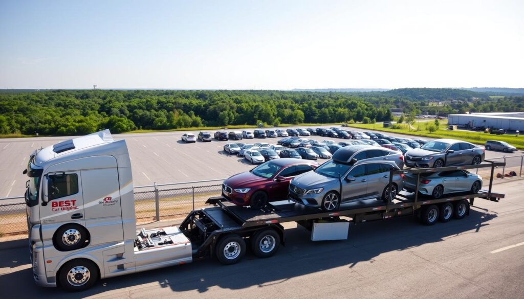 A professional car shipping scene set in Fort Campbell, Kentucky. In the foreground, a sleek transport truck labeled "Best Car Shipping Inc" is parked, showcasing several stylish cars securely strapped on a multi-level flatbed. In the middle ground, a well-organized auto transport yard features neatly lined vehicles ready for shipping. The background reveals the scenic landscape of Fort Campbell, with green forests and the distant outline of military buildings under a bright, sunny sky. The lighting is vibrant, casting soft shadows while emphasizing the professionalism of the car shipping business. The mood is efficient and trustworthy, capturing the essence of reliable auto transport services in this military community.