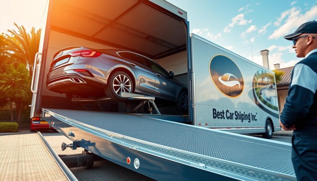 A professional car shipping scene set in Harvey, Louisiana, featuring a sleek, modern car loading ramp with a shiny vehicle being gently loaded onto a transport truck emblazoned with the brand name "Best Car Shipping Inc." In the foreground, capture the truck driver in a smart uniform, confidently supervising the process. The middle-ground includes the well-designed truck ready for auto transport, positioned against a backdrop of lush greenery and typical Louisiana architecture. In the background, a sunny, blue sky casts soft, warm lighting over the scene, creating a welcoming, reliable atmosphere. The angle should be slightly low, emphasizing the truck and car while showcasing the vibrancy and trustworthiness of the service. The mood is professional yet approachable, highlighting the dedication to safe and efficient auto transport.