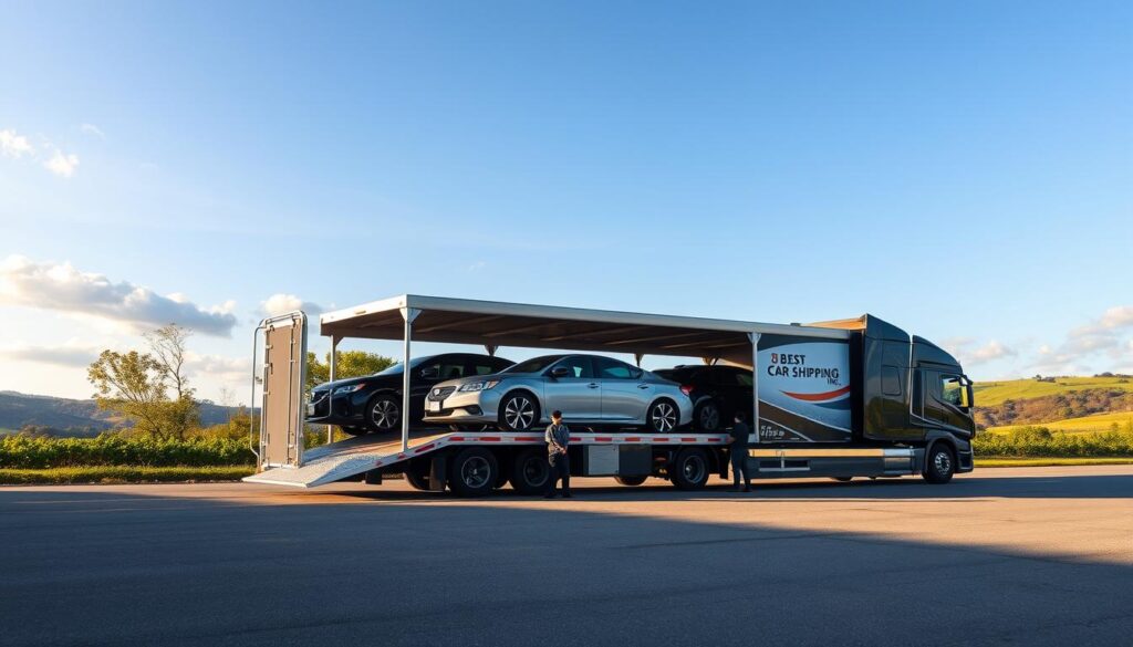 A professional car shipping scene set in Mount Sterling, Kentucky. In the foreground, showcase several cars being loaded onto a modern car transport truck featuring the branding "Best Car Shipping Inc." The truck is positioned on a wide, open loading area, surrounded by lush greenery typical of Kentucky, under a clear blue sky with soft, fluffy clouds. In the middle ground, depict workers in professional attire carefully securing the vehicles onto the trailer, emphasizing their expertise in auto transport. The background reveals a charming view of Mount Sterling’s rolling hills and the silhouette of distant trees, casting gentle shadows in the afternoon light, creating a serene and trustworthy atmosphere. Use a wide-angle lens effect to capture the entire scene, enhancing the sense of scale and professionalism.