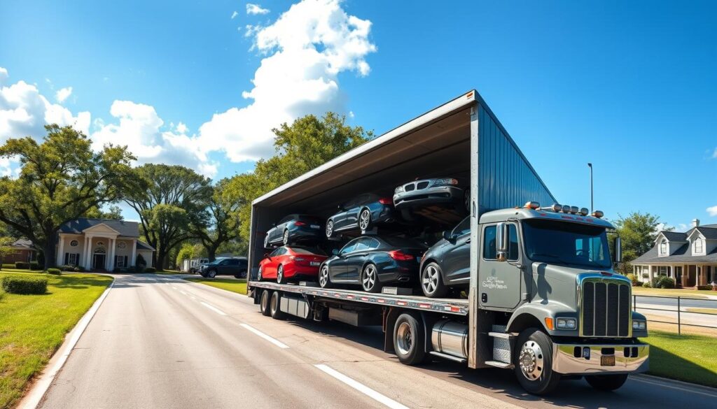 A professional car shipping scene set in Singer, Louisiana during daylight. In the foreground, depict a large, open car shipping truck loaded with various vehicles, showcasing their vibrant colors and polished surfaces. In the middle ground, include a tree-lined road reflecting the rural charm of Louisiana, with Southern-style homes in the background, surrounded by greenery. The sky is bright blue with a few fluffy white clouds, conveying a sunny day. Use a wide-angle lens to capture the depth of the scene, focusing on the car truck prominently. The atmosphere is efficient and optimistic, emphasizing professionalism in auto transport. Include the branding "Best Car Shipping Inc" visibly on the truck. The image should have clear, natural lighting, without any text overlays or distractions. A professional car shipping scene set in Singer, Louisiana during daylight. In the foreground, depict a large, open car shipping truck loaded with various vehicles, showcasing their vibrant colors and polished surfaces. In the middle ground, include a tree-lined road reflecting the rural charm of Louisiana, with Southern-style homes in the background, surrounded by greenery. The sky is bright blue with a few fluffy white clouds, conveying a sunny day. Use a wide-angle lens to capture the depth of the scene, focusing on the car truck prominently. The atmosphere is efficient and optimistic, emphasizing professionalism in auto transport. Include the branding "Best Car Shipping Inc" visibly on the truck. The image should have clear, natural lighting, without any text overlays or distractions.