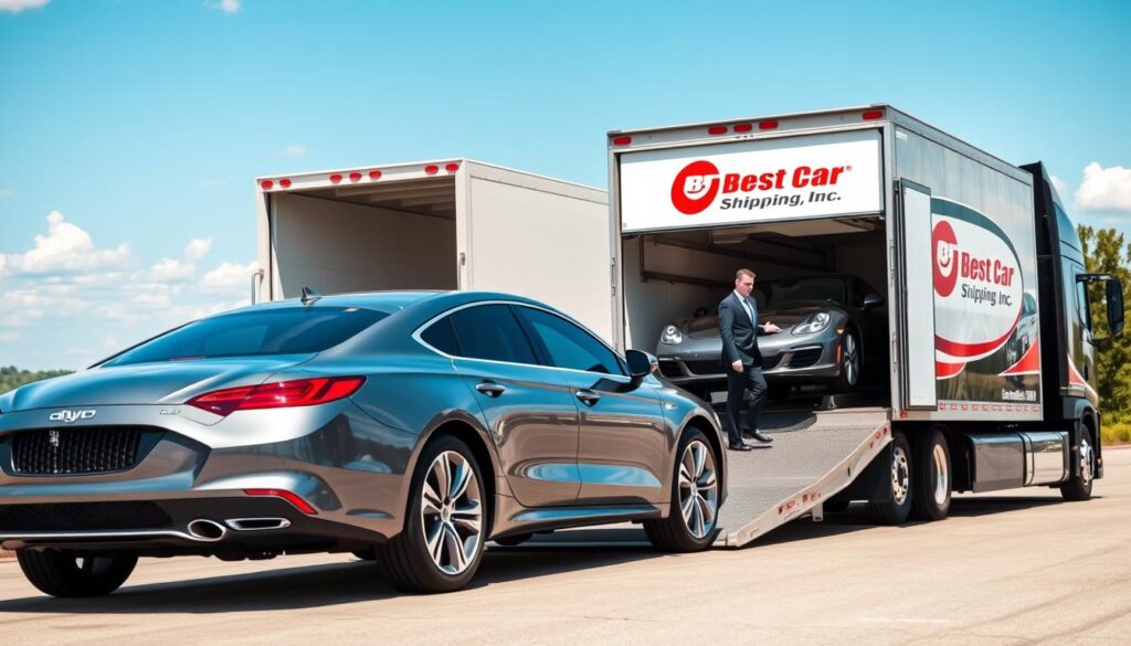 A professional car shipping scene set in St. Gabriel, Louisiana, showcasing a modern, efficient vehicle transport operation. In the foreground, a sleek, shiny car is being carefully loaded onto a large, well-maintained transport truck branded with the logo "Best Car Shipping Inc". In the middle ground, a team of two individuals in professional business attire, one overseeing the process and another securing the vehicle, embodying expertise and care. The background features a sunny day with a clear blue sky, the Louisiana landscape visible with trees and buildings in the distance, accentuating the local setting. The lighting is bright and natural, giving a sense of speed and safety. The overall mood is professional and trustworthy, emphasizing fast and safe shipping. A professional car shipping scene set in St. Gabriel, Louisiana, showcasing a modern, efficient vehicle transport operation. In the foreground, a sleek, shiny car is being carefully loaded onto a large, well-maintained transport truck branded with the logo "Best Car Shipping Inc". In the middle ground, a team of two individuals in professional business attire, one overseeing the process and another securing the vehicle, embodying expertise and care. The background features a sunny day with a clear blue sky, the Louisiana landscape visible with trees and buildings in the distance, accentuating the local setting. The lighting is bright and natural, giving a sense of speed and safety. The overall mood is professional and trustworthy, emphasizing fast and safe shipping.